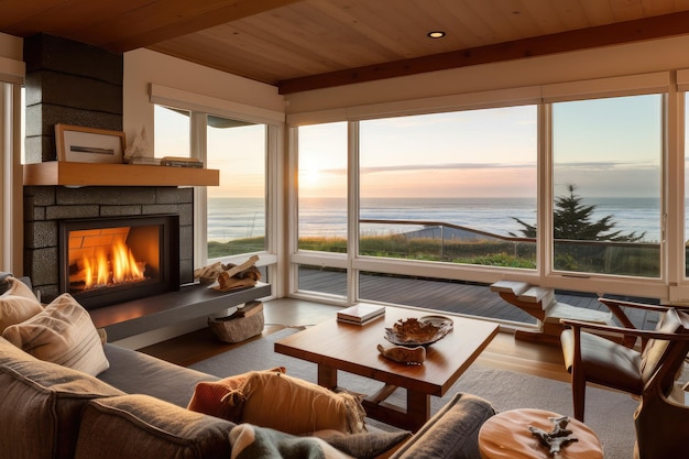 Cozy coastal home with fireplace and view of the ocean in the background