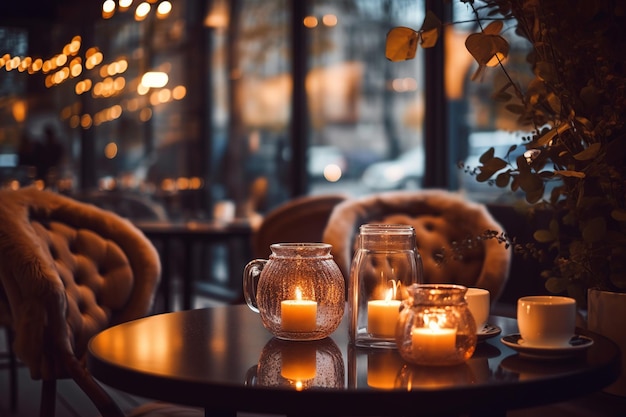Уютное кофейное кафе с теплым окружающим светом, мягким светом, создающим красивое боке на заднем плане