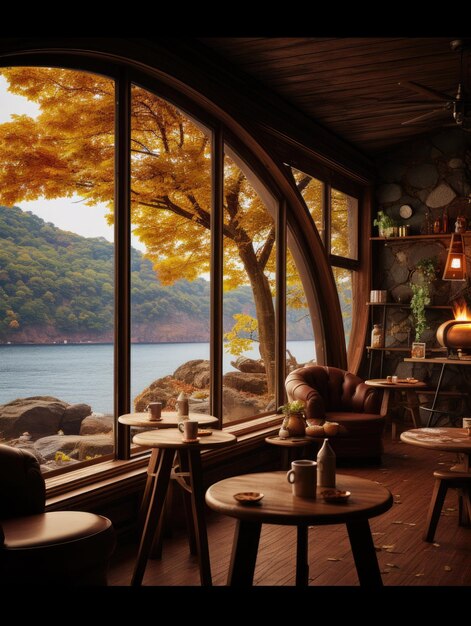 Photo _cozy_coffee_shop_ambience_with_lake uhd wallpaper