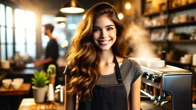 Photo cozy coffee shop ambience with smiling barista and steamy espresso machine