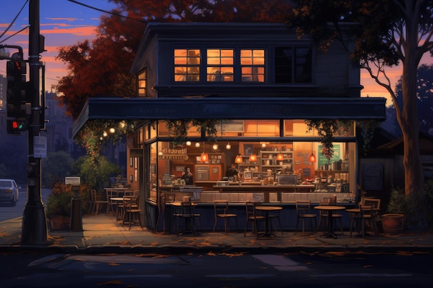 a cozy coffee shop at the corner of the road