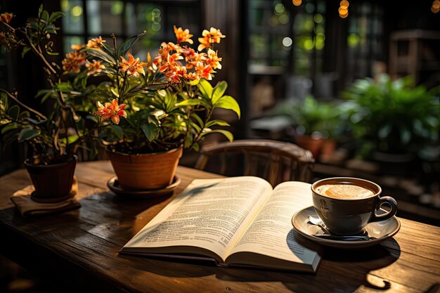 Cozy coffee shop steaming coffee open book and flowing conversations generative IA