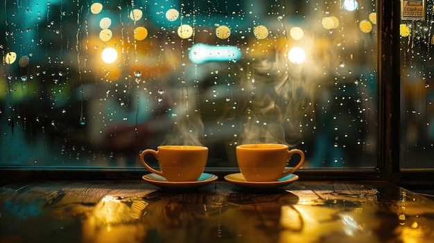 Photo cozy coffee shop with steaming cups and rainstreaked windows inviting patrons to enjoy a warm drink amidst the soothing patter of rain