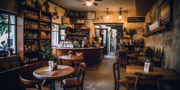 Cozy coffee shop with vintage decor wooden furniture shelves filled with books soft lighting