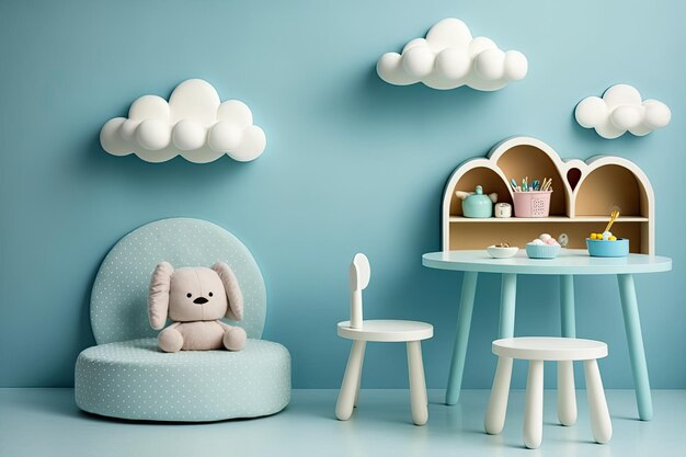 Уютная и красочная игровая комната для детей со столом и стульями Генеративный AI