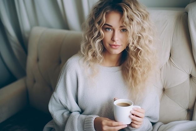 Уютный комфорт очаровательная молодая женщина с длинными кудрявыми блондинками обнимает свой дом чаем