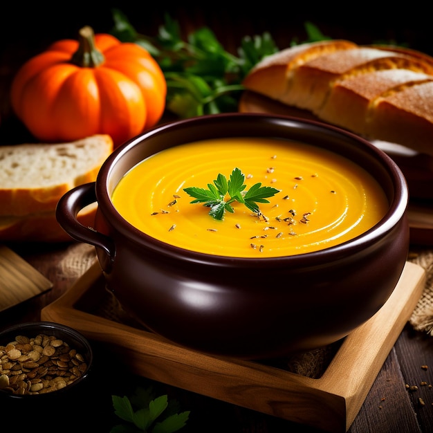 Foto comodità accogliente assaporare la saporita zuppa di zucca