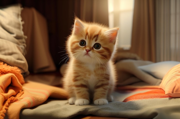 담요가 있는 침대 위의 아늑한 동반자 귀여운 빨간 고양이
