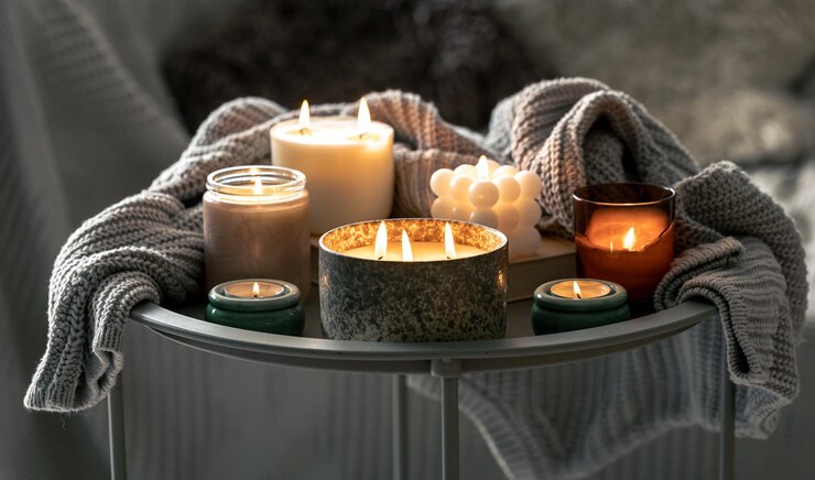 Cozy composition with burning candles in the interior of the room