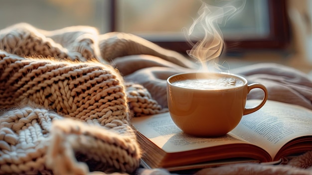 Cozy composition with cup of coffee tea book and blanket Background concept