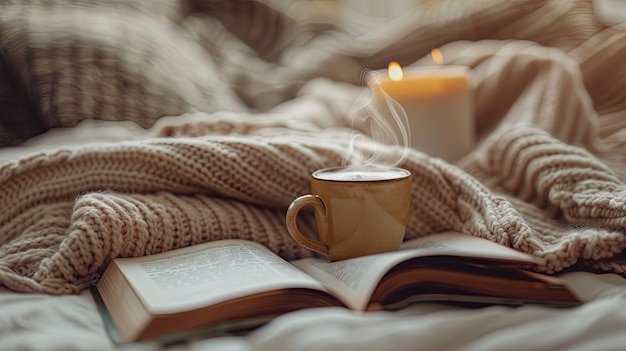 Cozy composition with cup of coffee tea book and blanket Background concept