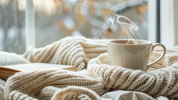 Cozy composition with cup of coffee tea book and blanket Background concept