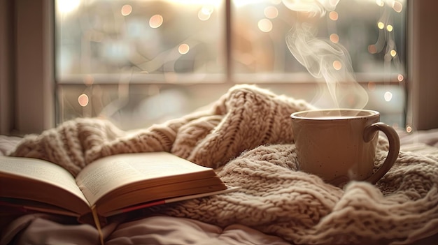 사진 커피, 차, 책, 담요와 함께 아한 구성 배경 개념