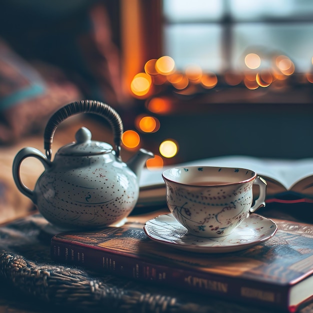 Уютная композиция с чайником, чашкой и книгой.