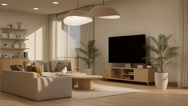 Cozy contemporary living room interior design with smart TV pendants couch coffee table