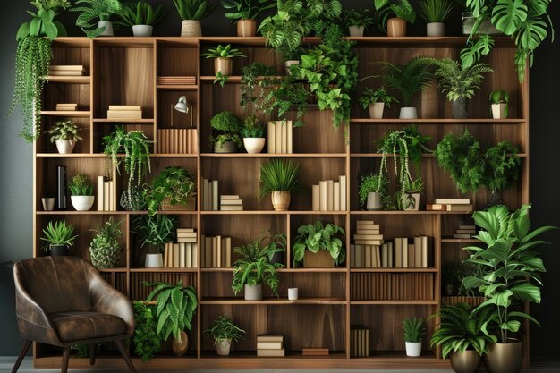 Foto accogliente ufficio d'angolo con scaffale moderno piante e libri in vaso biblioteca eco-friendly