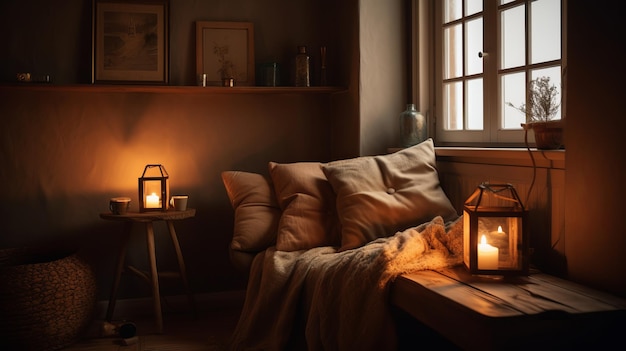 A cozy corner for reading with inviting cushions and soft lighting AI generated