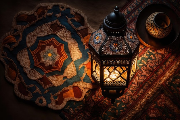 Photo cozy corner with a lantern and a rug on a table generative ai