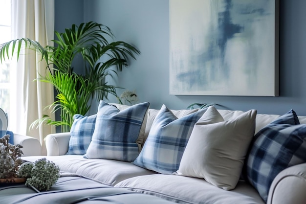 Photo cozy corner with a plush sofa plaid pillows painting and indoor plants ideal for a home lifestyle magazine highlighting comfortable living