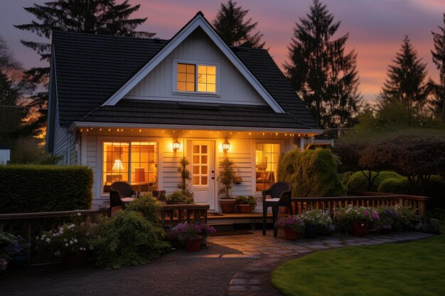 A cozy cottage illuminated by warm lights at dusk