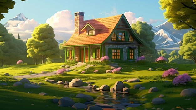 Cozy cottage surrounded by a lush green field Generative AI