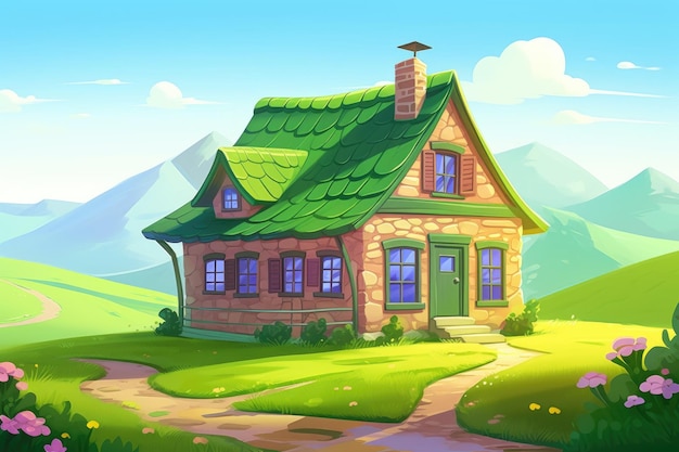 Cozy cottage surrounded by a lush green field Generative AI