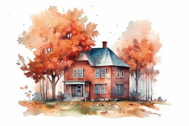 Cozy cottage surrounded by lush trees in a watercolor painting created with Generative AI technology