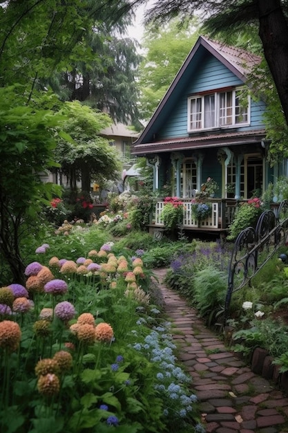 A cozy cottage with a beautiful garden in bloom created with generative ai