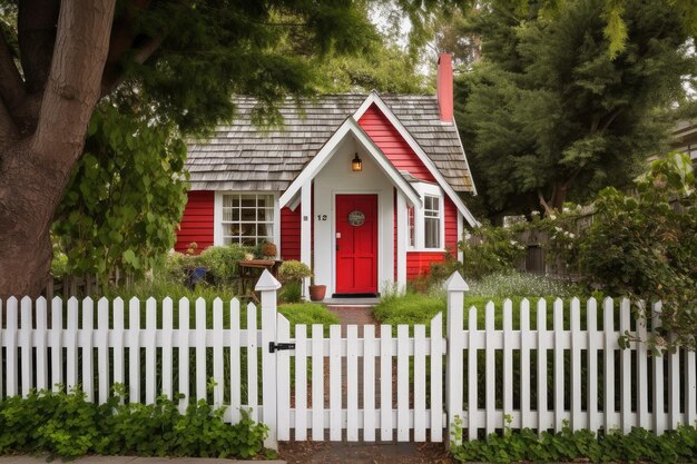 Cozy cottage with bright red door and white picket fence