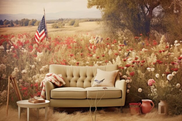 Cozy couch surrounded by colorful flowers and the american flag waving Generative AI