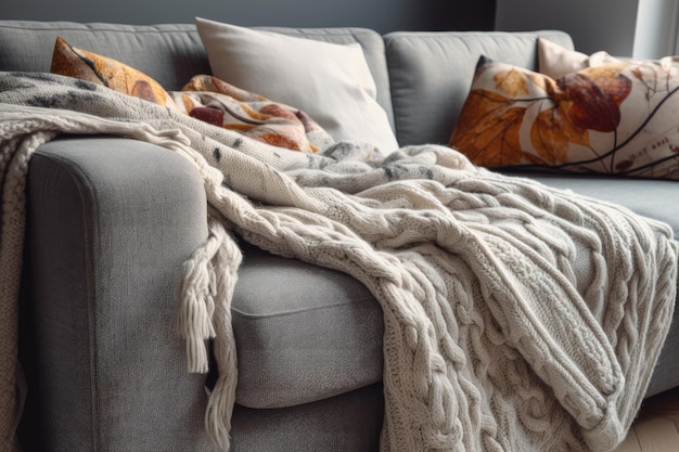 Уютный диван с накинутым на него мягким одеялом Генеративный ИИ