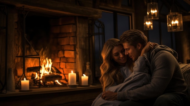 Cozy couple by the fireplace