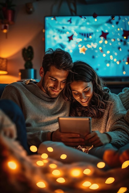 Photo cozy couple enjoying time together with a tablet surrounded by christmas lights