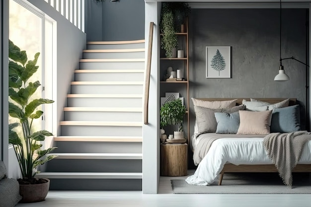 Cozy and cozy apartment bedroom with stairs image blurred