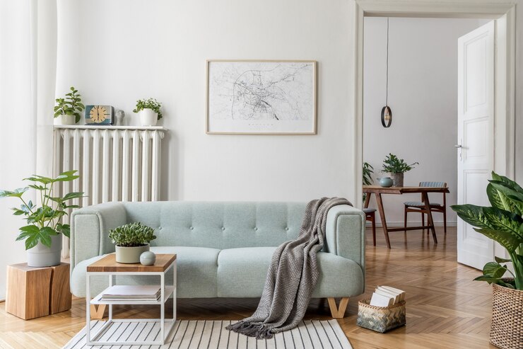 Cozy and creative composition of stylish living room interior design with frame, green sofa, wooden furniture, plants and accessories. White walls, parquet floor.