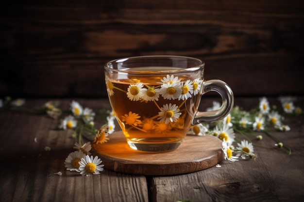 Cozy cup of chamomile tea with honey on a rustic wooden table