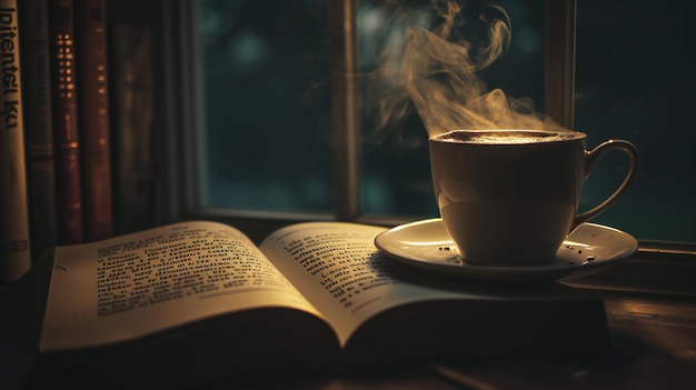 나무 표면에 책이 있는 아늑한 커피 한잔