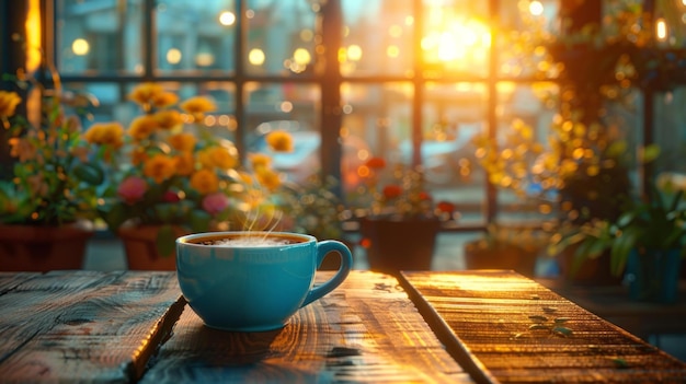 나무 테이블 위에 있는 쾌적한 컵의 뜨거운 커피, 휴식의 순간을 초대하는 차의 따뜻함
