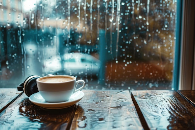 Cozy Cup of Tea with Headphones on a Rainy Day Relaxation and Comfort Moment Photography Copyspace