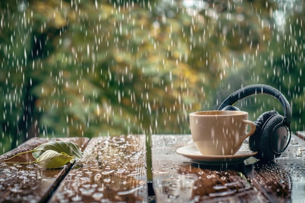 Cozy Cup of Tea with Headphones on a Rainy Day Relaxation and Comfort Moment Photography Copyspace