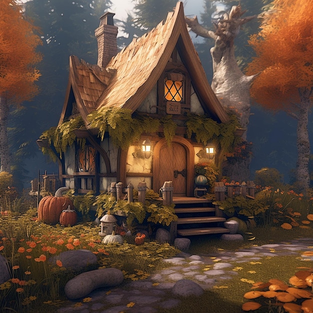 Cozy cute witch hut in a birch forest house style Generative AI