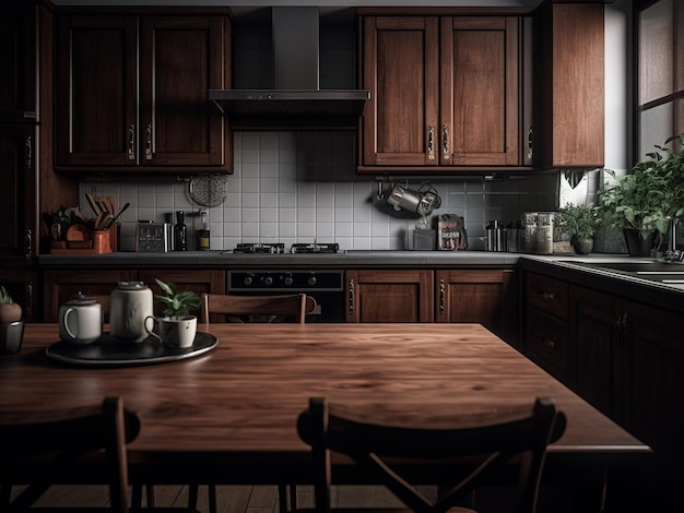 Photo cozy dark wood kitchen interior ai generated