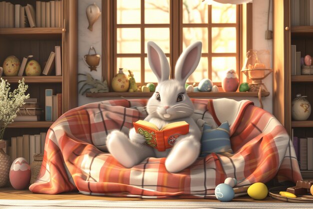 Photo a cozy den where the easter bunny sits reading a book