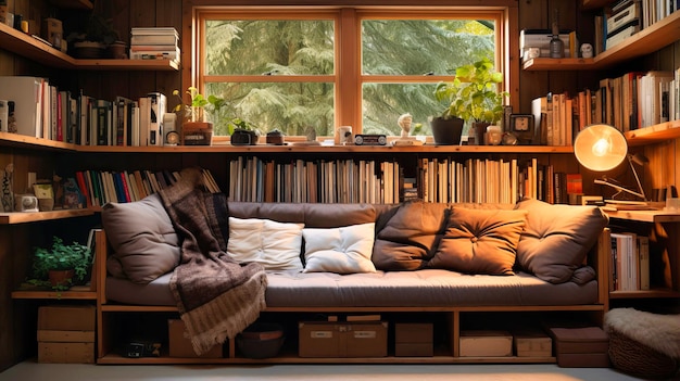 Cozy den with builtin seating and a wall of books