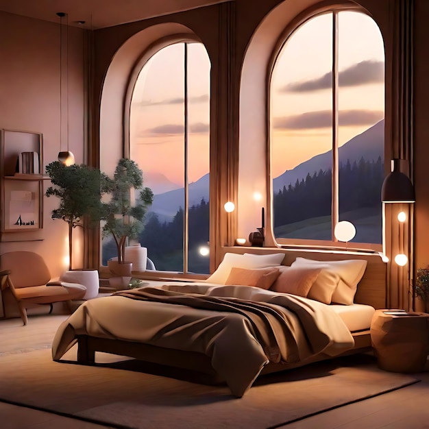 a cozy dimly lit bedroom with a large window that overlooks a tranquil moonlit landscape AI