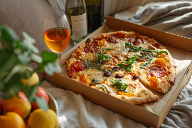 Cozy dinner setting with a box of pizza a glass of rose wine and fresh fruits on a bed with soft lighting