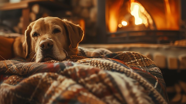 Photo a cozy dog is lying on a blanket in front of a fireplace the fire is burning brightly and the dog looks warm and content