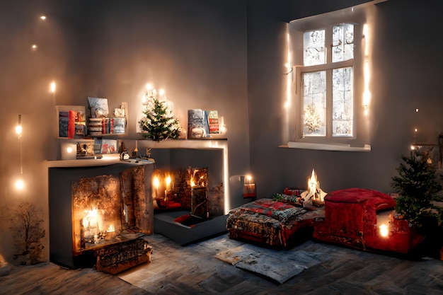 Cozy domestic christmas interior with window bed candles and fireplace neural network generated art