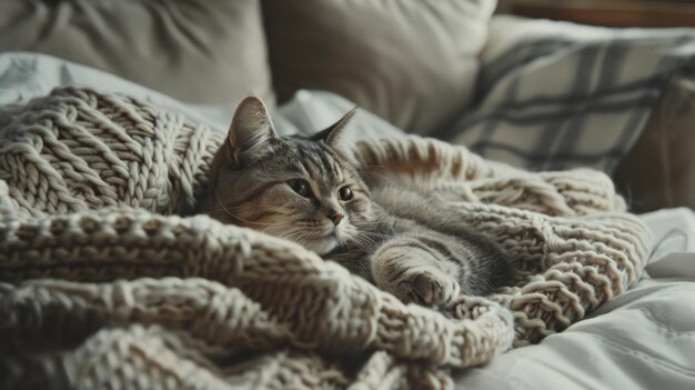 Photo cozy domestic tabby cat relaxes wrapped in a chunky knit blanket on a couch exuding tranquility