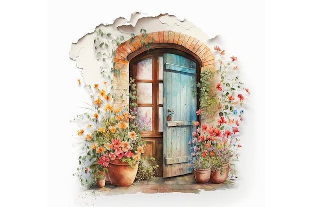 Cozy door with flowers on white background watercolor